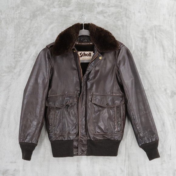 Schott NYC Vtg Leather Flight Bomber Jacket Fur Collar Lining Mens Size 34 USA